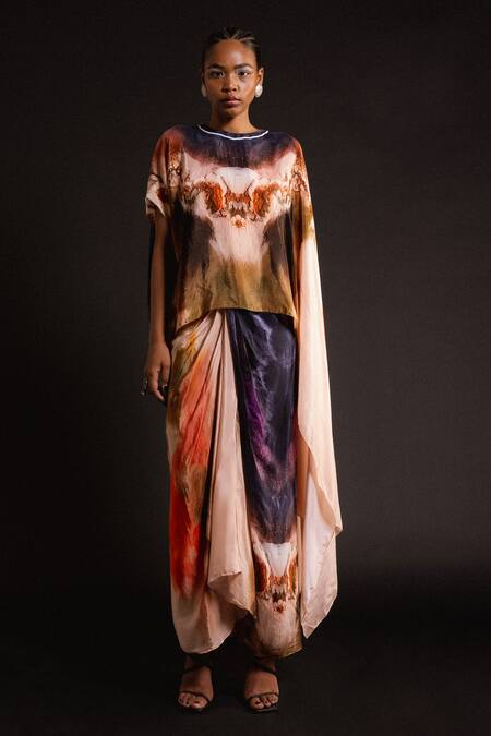 Buy_Amka_Peach Silk Round Neck Teak Abstract Pattern Cape Top And Skirt Set _Online_at_Aza_Fashions