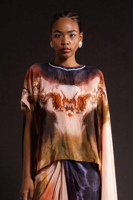 Shop_Amka_Peach Silk Round Neck Teak Abstract Pattern Cape Top And Skirt Set _Online_at_Aza_Fashions