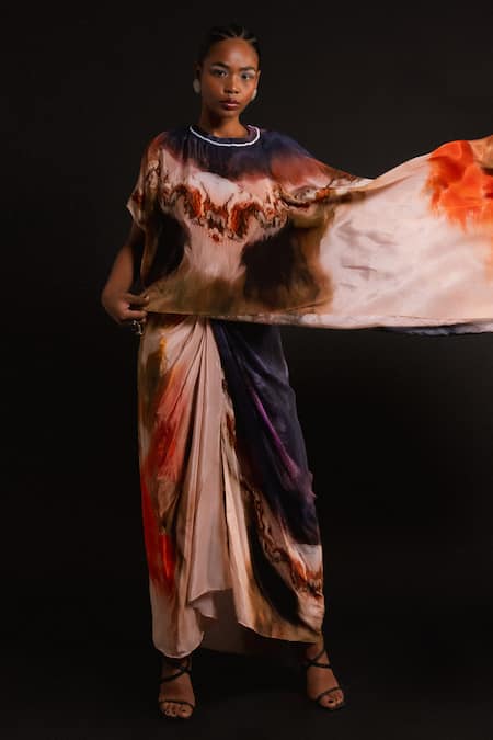 Buy_Amka_Peach Silk Teak Abstract Pattern Top _Online_at_Aza_Fashions