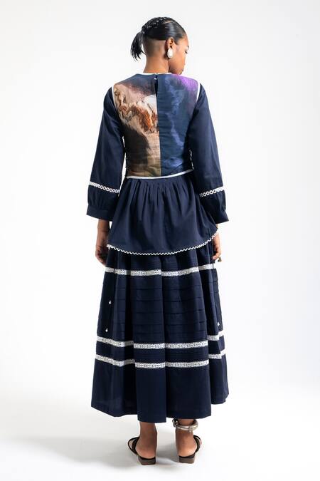 Shop_Amka_Blue Cotton Lace, Embroidery Round Neck Wheat Work Shirt Skirt Set _at_Aza_Fashions