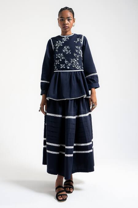 Amka_Blue Cotton Lace, Embroidery Round Neck Wheat Work Shirt Skirt Set _Online_at_Aza_Fashions