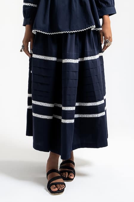 Buy_Amka_Blue Cotton Lace, Embroidery Round Neck Wheat Work Shirt Skirt Set _Online_at_Aza_Fashions