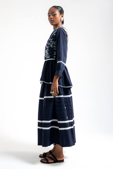 Shop_Amka_Blue Cotton Lace, Embroidery Round Neck Wheat Work Shirt Skirt Set _Online_at_Aza_Fashions