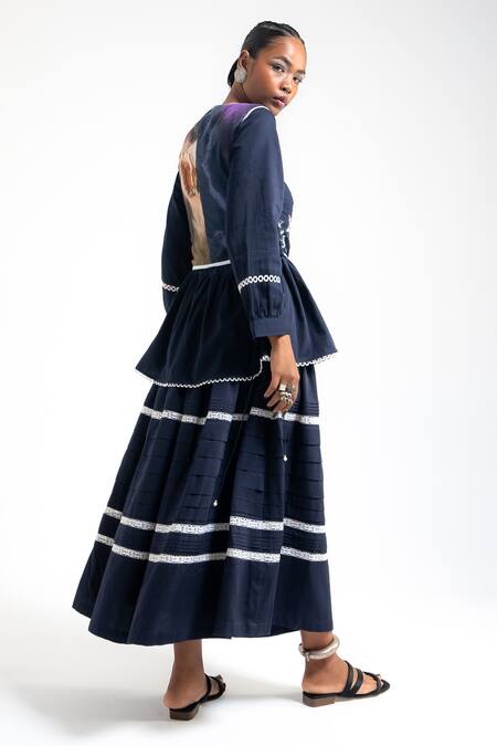 Amka_Blue Cotton Lace, Embroidery Round Neck Wheat Work Shirt Skirt Set _at_Aza_Fashions