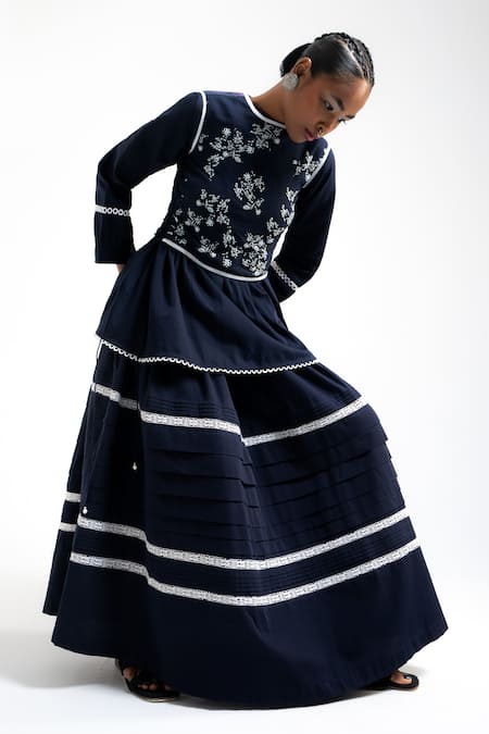 Buy_Amka_Blue Cotton Lace, Embroidery Round Neck Wheat Work Shirt Skirt Set 