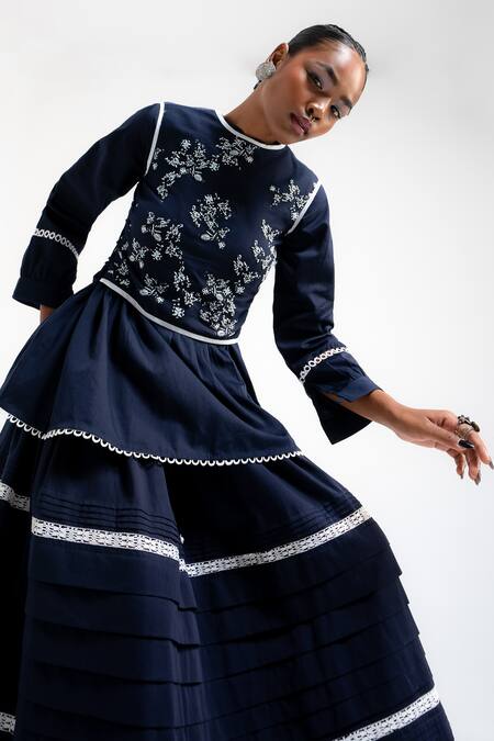 Shop_Amka_Blue Cotton Lace, Embroidery Round Neck Wheat Work Shirt Skirt Set 