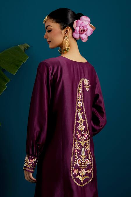 Shop_Anantaa By Roohi_Purple Silk, Chanderi Gota Resham Paisley Placement Embroidered Kurta With Pant _Online_at_Aza_Fashions