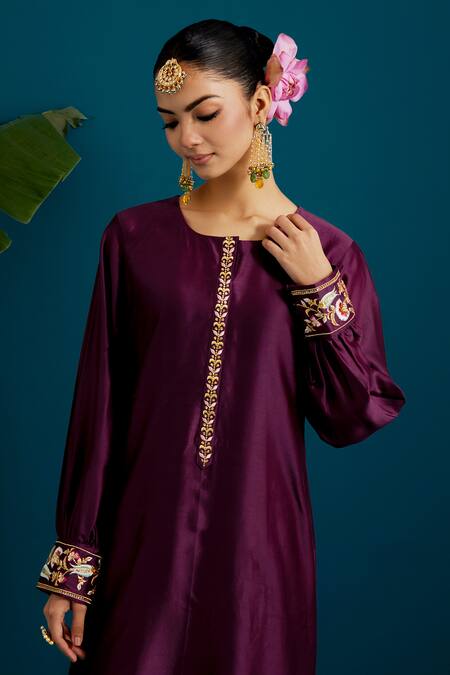 Shop_Anantaa By Roohi_Purple Silk, Chanderi Gota Resham Paisley Placement Embroidered Kurta With Pant 