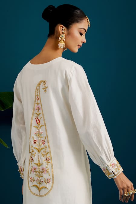 Shop Anantaa By Roohi Off White Silk, Chanderi Sequins, Beads, Cut Paisley Placement Kurta Pant Set Online at Aza Fashions Shop_Anantaa By Roohi_Off White Silk, Chanderi Sequins, Beads, Cut Paisley Placement Kurta Pant Set _Online_at_Aza_Fashions