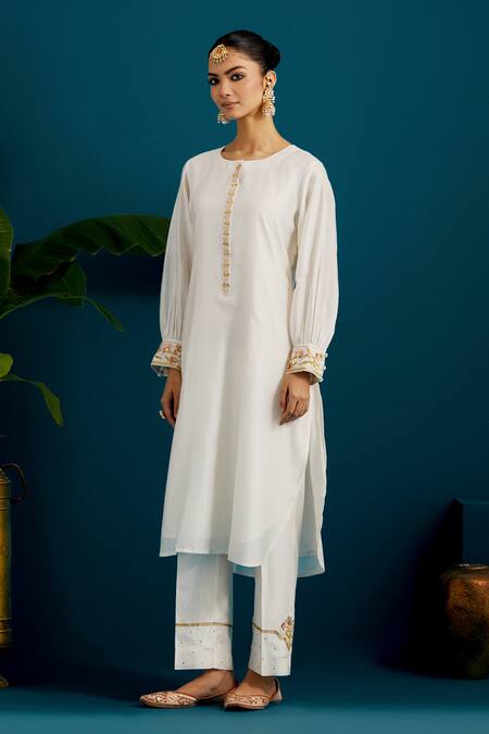 Buy Anantaa By Roohi Off White Silk, Chanderi Sequins, Beads, Cut Paisley Placement Kurta Pant Set Buy_Anantaa By Roohi_Off White Silk, Chanderi Sequins, Beads, Cut Paisley Placement Kurta Pant Set