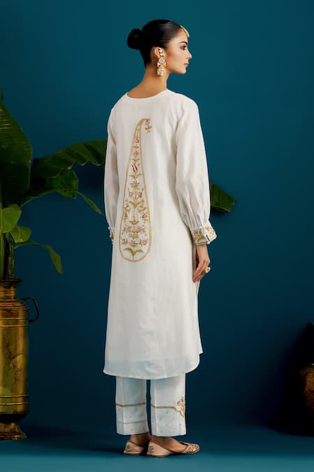 Shop Anantaa By Roohi Off White Silk, Chanderi Sequins, Beads, Cut Paisley Placement Kurta Pant Set at Aza Fashions Shop_Anantaa By Roohi_Off White Silk, Chanderi Sequins, Beads, Cut Paisley Placement Kurta Pant Set _at_Aza_Fashions