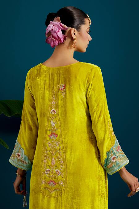 Shop Anantaa By Roohi Green Viscose, Velvet Sequins, Beads, Embroidery Floral Vine Kurta With Pant Online at Aza Fashions Shop_Anantaa By Roohi_Green Viscose, Velvet Sequins, Beads, Embroidery Floral Vine Kurta With Pant _Online_at_Aza_Fashions