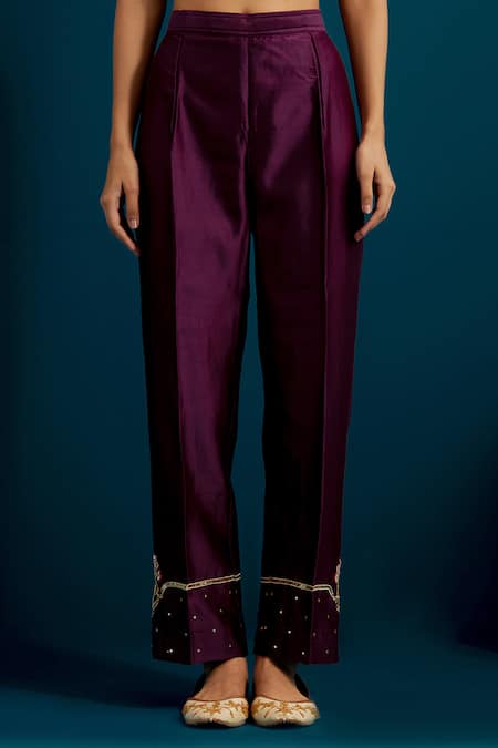 Anantaa By Roohi_Purple Silk, Chanderi Embroidery, Sequins Split V-neck Resham Kurta With Pant _Online_at_Aza_Fashions