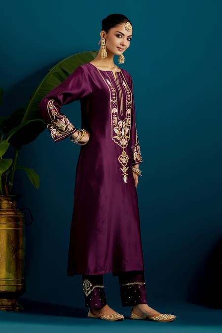 Shop_Anantaa By Roohi_Purple Silk, Chanderi Embroidery, Sequins Split V-neck Resham Kurta With Pant 
