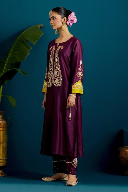 Shop Anantaa By Roohi Purple Silk, Chanderi Sequins, Cut Work, Embroidery Paisley Kurta With Pant Online at Aza Fashions Shop_Anantaa By Roohi_Purple Silk, Chanderi Sequins, Cut Work, Embroidery Paisley Kurta With Pant _Online_at_Aza_Fashions