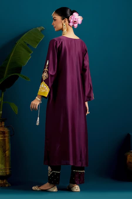Shop Anantaa By Roohi Purple Silk, Chanderi Sequins, Cut Work, Embroidery Paisley Kurta With Pant at Aza Fashions Shop_Anantaa By Roohi_Purple Silk, Chanderi Sequins, Cut Work, Embroidery Paisley Kurta With Pant _at_Aza_Fashions