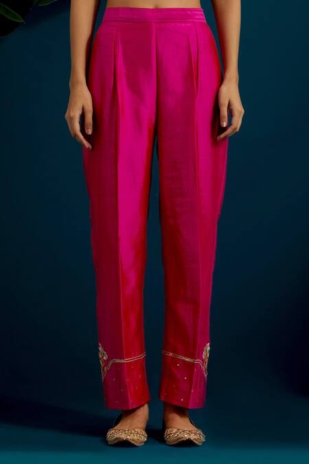 Anantaa By Roohi Pink Silk, Chanderi Embroidery, Sequins Floral Resham Straight Kurta With Pant Online at Aza Fashions Anantaa By Roohi_Pink Silk, Chanderi Embroidery, Sequins Floral Resham Straight Kurta With Pant _Online_at_Aza_Fashions