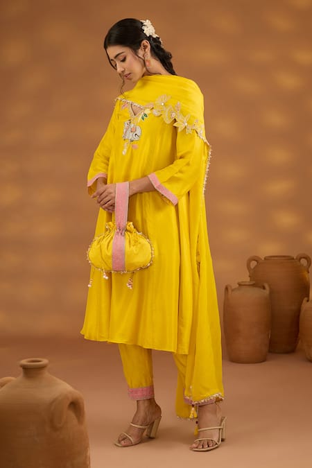 ISHA GUPTA TAYAL_Yellow Silk, Organza, Cotton Sequins, Nandi And Bagh Patchwork Kurta Set _Online_at_Aza_Fashions