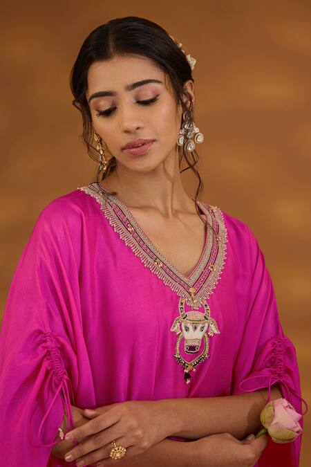 Buy ISHA GUPTA TAYAL Pink Silk, Cotton Beads, Patchwork, Embroidery V-neck Kaftan Kurta And Pant Set Online at Aza Fashions Buy_ISHA GUPTA TAYAL_Pink Silk, Cotton Beads, Patchwork, Embroidery V-neck Kaftan Kurta And Pant Set _Online_at_Aza_Fashions