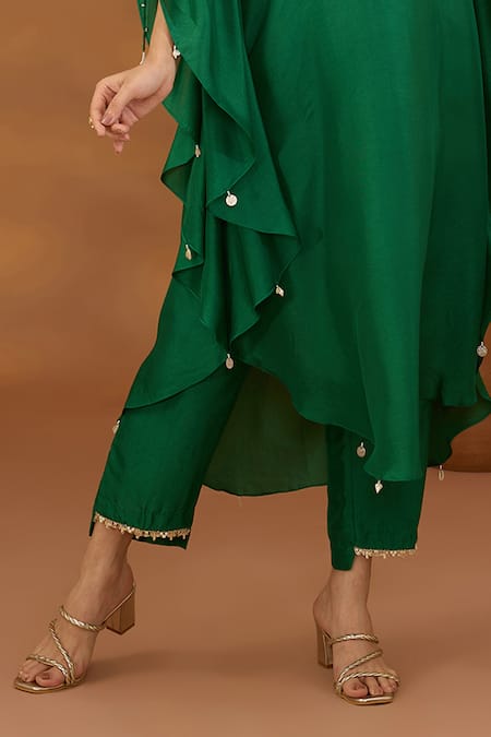 ISHA GUPTA TAYAL_Green Silk, Cotton Beads, Zari, Nandi Embroidered Kaftan Kurta And Pant Set _Online_at_Aza_Fashions
