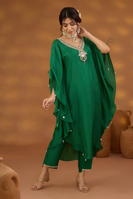 Buy_ISHA GUPTA TAYAL_Green Silk, Cotton Beads, Zari, Nandi Embroidered Kaftan Kurta And Pant Set _Online_at_Aza_Fashions