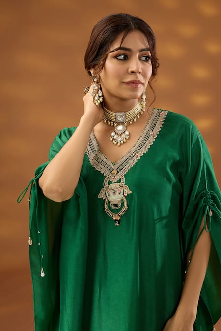 Shop_ISHA GUPTA TAYAL_Green Silk, Cotton Beads, Zari, Nandi Embroidered Kaftan Kurta And Pant Set _Online_at_Aza_Fashions