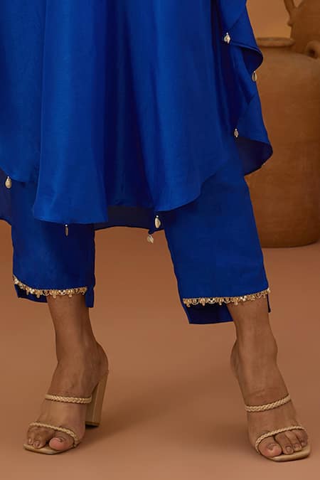 ISHA GUPTA TAYAL Blue Silk, Cotton Zari, Beads, Architectural Kaftan Kurta And Pant Set Online at Aza Fashions ISHA GUPTA TAYAL_Blue Silk, Cotton Zari, Beads, Architectural Kaftan Kurta And Pant Set _Online_at_Aza_Fashions