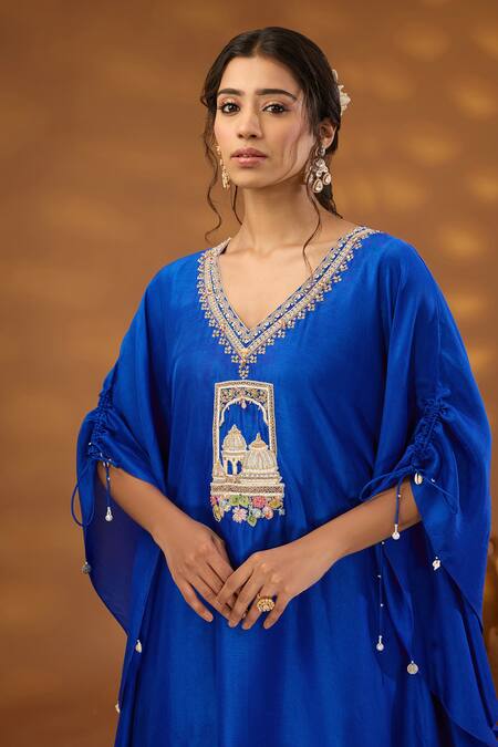 Buy ISHA GUPTA TAYAL Blue Silk, Cotton Zari, Beads, Architectural Kaftan Kurta And Pant Set Online at Aza Fashions Buy_ISHA GUPTA TAYAL_Blue Silk, Cotton Zari, Beads, Architectural Kaftan Kurta And Pant Set _Online_at_Aza_Fashions