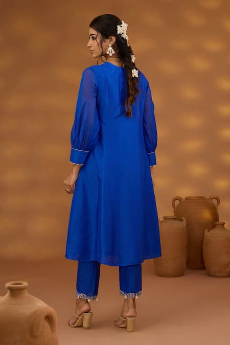 Shop_ISHA GUPTA TAYAL_Blue Silk, Organza, Cotton Cut Work, Sequins, Beads, Peacock Kurta Set _at_Aza_Fashions