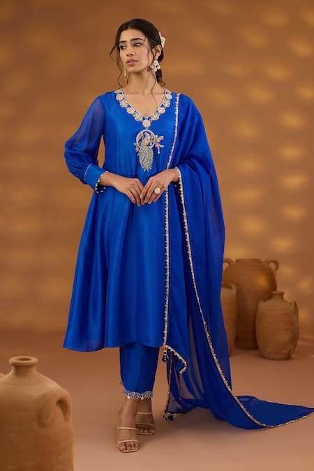 ISHA GUPTA TAYAL_Blue Silk, Organza, Cotton Cut Work, Sequins, Beads, Peacock Kurta Set _Online_at_Aza_Fashions