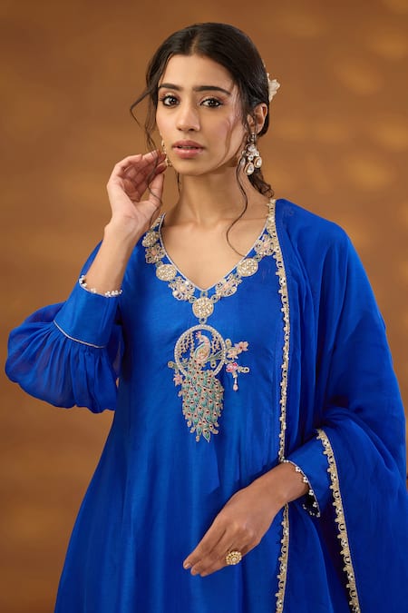 Buy_ISHA GUPTA TAYAL_Blue Silk, Organza, Cotton Cut Work, Sequins, Beads, Peacock Kurta Set _Online_at_Aza_Fashions