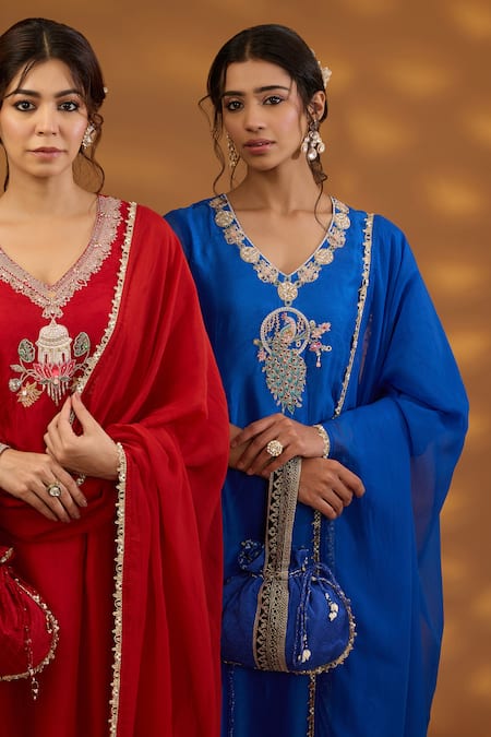 Shop_ISHA GUPTA TAYAL_Blue Silk, Organza, Cotton Cut Work, Sequins, Beads, Peacock Kurta Set _Online_at_Aza_Fashions