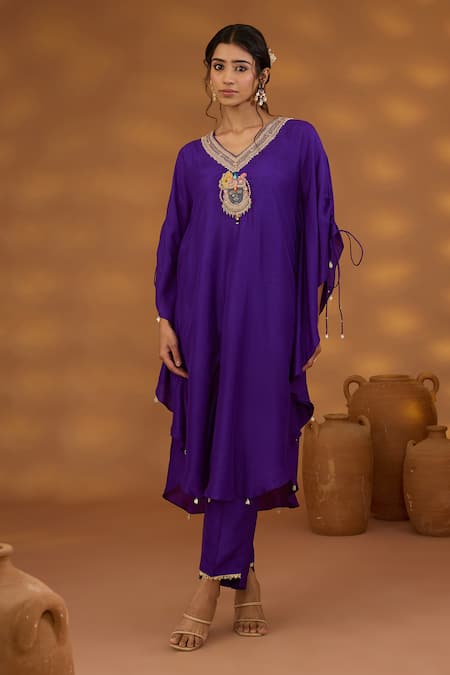 ISHA GUPTA TAYAL Purple Silk, Cotton Beads, Zari, Patchwork Embroidered Kaftan Kurta And Pant Set Online at Aza Fashions ISHA GUPTA TAYAL_Purple Silk, Cotton Beads, Zari, Patchwork Embroidered Kaftan Kurta And Pant Set _Online_at_Aza_Fashions