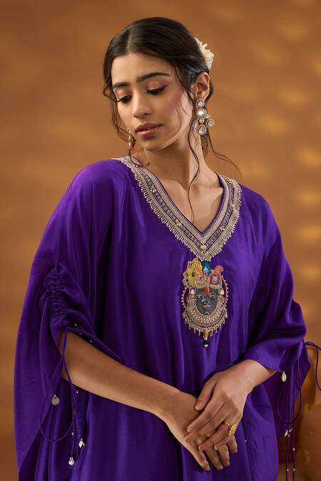 Shop ISHA GUPTA TAYAL Purple Silk, Cotton Beads, Zari, Patchwork Embroidered Kaftan Kurta And Pant Set Online at Aza Fashions Shop_ISHA GUPTA TAYAL_Purple Silk, Cotton Beads, Zari, Patchwork Embroidered Kaftan Kurta And Pant Set _Online_at_Aza_Fashions