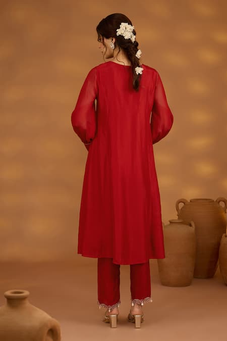 Shop ISHA GUPTA TAYAL Red Silk, Organza, Cotton Cut Work, Sequins, Beads, Architectural Kurta Set at Aza Fashions Shop_ISHA GUPTA TAYAL_Red Silk, Organza, Cotton Cut Work, Sequins, Beads, Architectural Kurta Set _at_Aza_Fashions