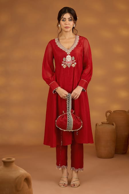 Shop ISHA GUPTA TAYAL Red Silk, Organza, Cotton Cut Work, Sequins, Beads, Architectural Kurta Set Online at Aza Fashions Shop_ISHA GUPTA TAYAL_Red Silk, Organza, Cotton Cut Work, Sequins, Beads, Architectural Kurta Set _Online_at_Aza_Fashions
