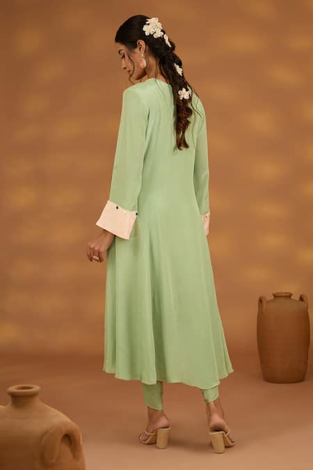 Shop_ISHA GUPTA TAYAL_Green Crepe, Net, Cotton Embroidery, Patchwork, Zardozi Floral Kurta Set _at_Aza_Fashions