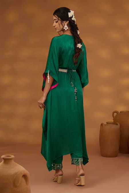 Shop_ISHA GUPTA TAYAL_Green Chiffon, Satin, Linen Embroidery, Beads V-neck Draped Kurta And Pant Set _at_Aza_Fashions