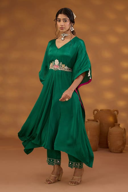 Buy_ISHA GUPTA TAYAL_Green Chiffon, Satin, Linen Embroidery, Beads V-neck Draped Kurta And Pant Set _Online_at_Aza_Fashions