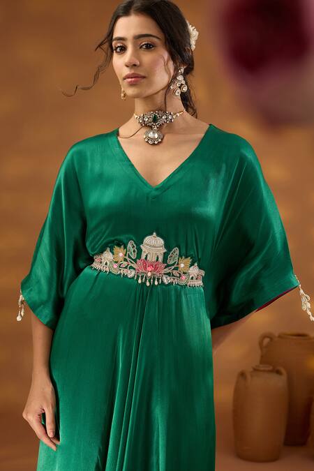 Shop_ISHA GUPTA TAYAL_Green Chiffon, Satin, Linen Embroidery, Beads V-neck Draped Kurta And Pant Set _Online_at_Aza_Fashions