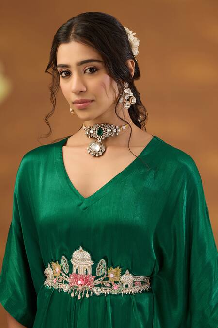 ISHA GUPTA TAYAL_Green Chiffon, Satin, Linen Embroidery, Beads V-neck Draped Kurta And Pant Set _at_Aza_Fashions