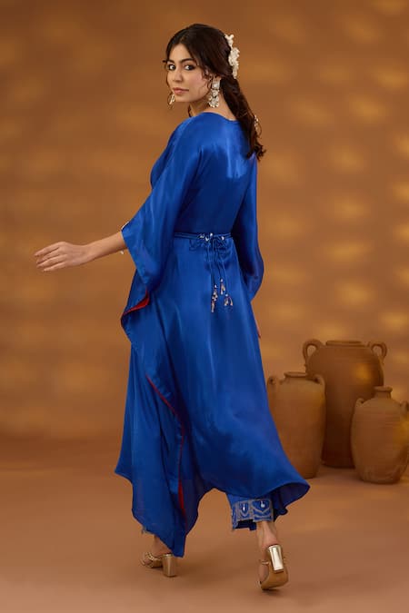 Shop_ISHA GUPTA TAYAL_Blue Chiffon, Satin, Linen Embroidery V-neck Plain Draped Kurta And Pant Set _at_Aza_Fashions