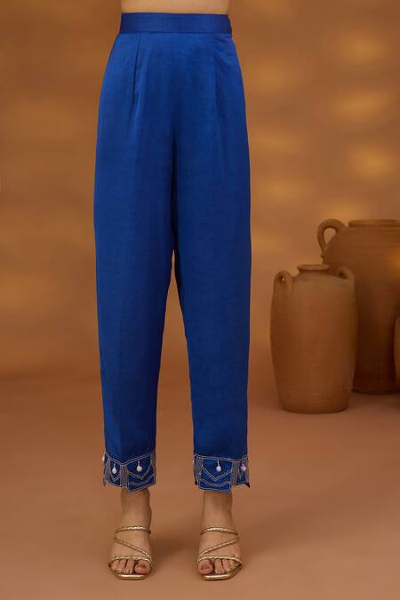 Shop_ISHA GUPTA TAYAL_Blue Chiffon, Satin, Linen Embroidery V-neck Plain Draped Kurta And Pant Set _Online_at_Aza_Fashions
