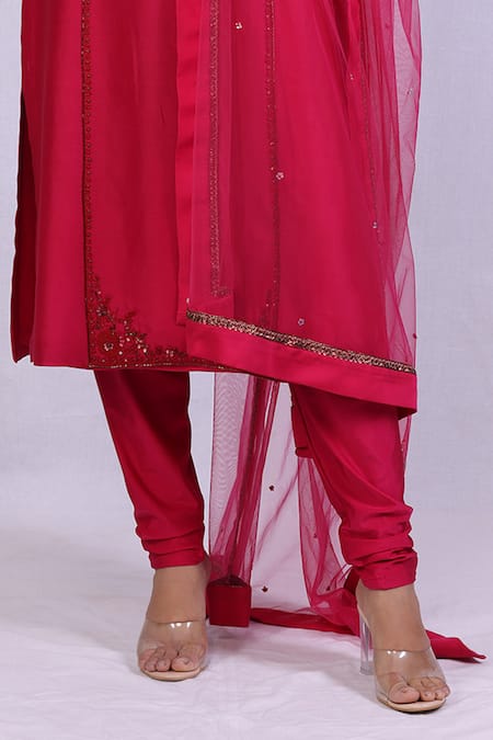 Monika Mathuria Datta_Pink Chanderi, Net, Linen Sequins, Cut Work, Embroidery V-neck Kurta And Pant Set _Online_at_Aza_Fashions