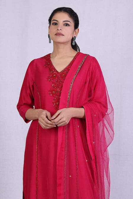 Buy_Monika Mathuria Datta_Pink Chanderi, Net, Linen Sequins, Cut Work, Embroidery V-neck Kurta And Pant Set _Online_at_Aza_Fashions