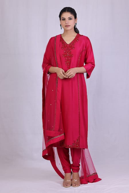 Monika Mathuria Datta_Pink Chanderi, Net, Linen Sequins, Cut Work, Embroidery V-neck Kurta And Pant Set _at_Aza_Fashions