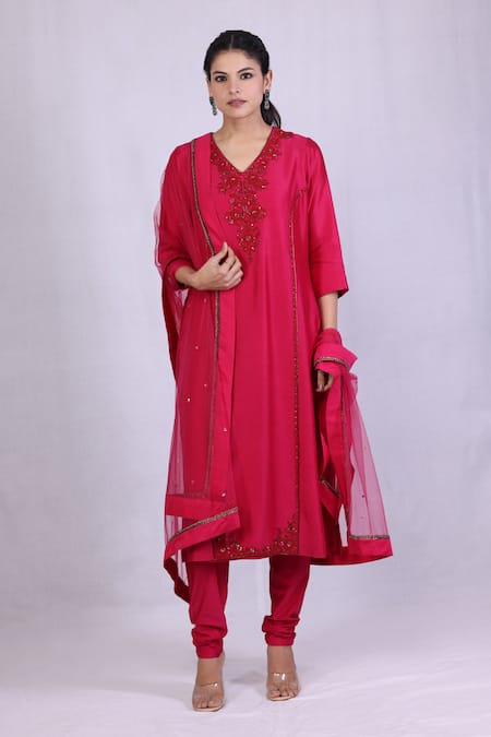 Buy_Monika Mathuria Datta_Pink Chanderi, Net, Linen Sequins, Cut Work, Embroidery V-neck Kurta And Pant Set 