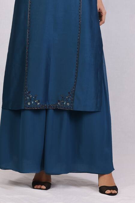 Monika Mathuria Datta_Blue Net, Chanderi, Georgette Embroidery, Sequins V-neck Kurta And Palazzo Set _Online_at_Aza_Fashions