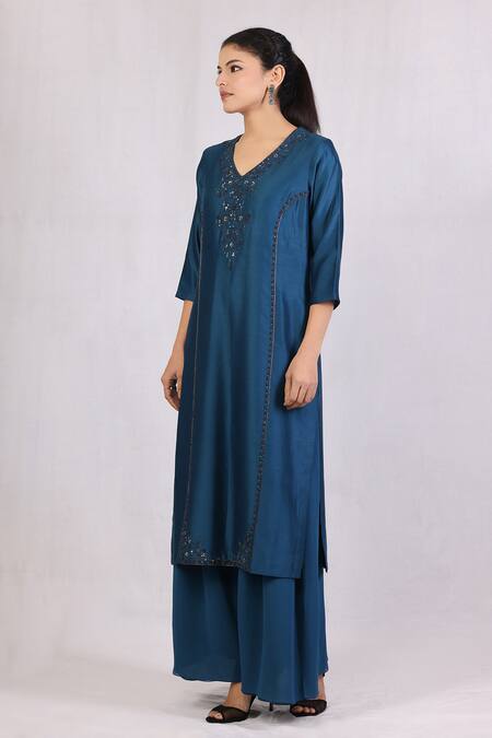 Buy_Monika Mathuria Datta_Blue Net, Chanderi, Georgette Embroidery, Sequins V-neck Kurta And Palazzo Set _Online_at_Aza_Fashions