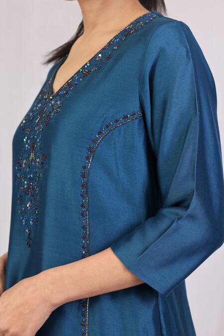 Shop_Monika Mathuria Datta_Blue Net, Chanderi, Georgette Embroidery, Sequins V-neck Kurta And Palazzo Set _Online_at_Aza_Fashions